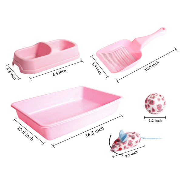 PAWISE Kitty Cat Starter Kit Includes 4-Pieces - Cat Litter Pan, Cat Litter Scooper, Cat Bowls, Cat Toy