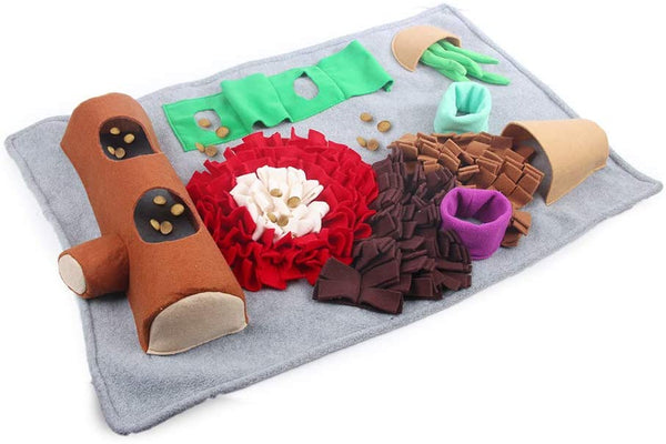 All for Paws Dog Feeding Mat, Nosework Training Squeaky Snuffle Treat Mat with Racoon Toy