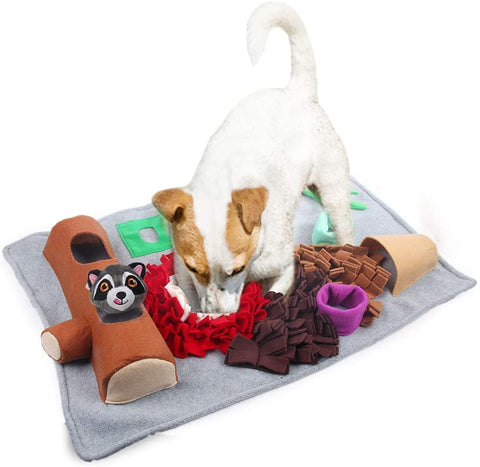 All for Paws Dog Feeding Mat, Nosework Training Squeaky Snuffle Treat Mat with Racoon Toy